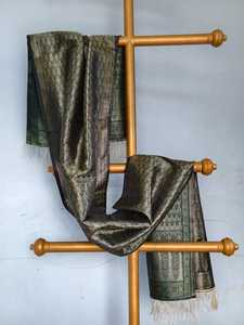 <b>Women</b> black and silver metallic Banarasi Silk <b>Shawl</b> With Silver Zari Paisley Weaving And Golden Fringes - Product Image 3