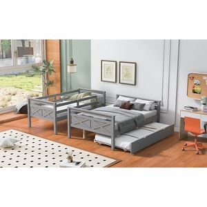 Letto a castello grigio con letto singolo sopra e letto matrimoniale, con scaletta e letto estraibile singolo, per bambini, con sponda di sicurezza - Product Image 6