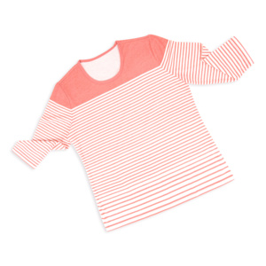 Camiseta de Mujer de Corte Regular con Rayas Rosa Coral, Estilo Casual para Otoño, Mangas Tres Cuartos, Mezcla de Algodón y Poliéster, Tejido de Punto - Product Image 3