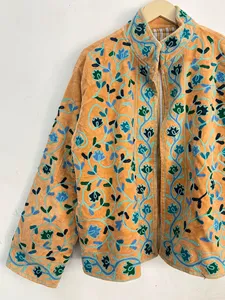 Mustard Orange Velvet Floral Suzani Embroidered Breathable Stand Collar Boho Jacket Women Ethnic Short Coat Festive Winter Wear - Product Image 2