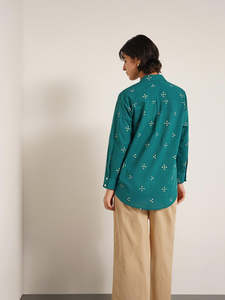 Green Printed Button Down Shirt With Three Quarter Sleeves Turn-down Collar Loose Fit Casual Woven <b>Viscose</b> Cotton Fabric - Product Image 4