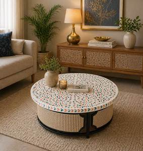 Bone Inlay American Style <b>Round</b> <b>Folding</b> Tray <b>Table</b>-Durable & Washable Multi-Purpose for Home Use Uttar Pradesh Origin - Product Image 4