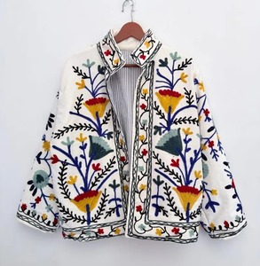 Bata de mujer con cuello en V, 100% algodón, reversible, con bordado floral azul, tipo kimono largo, con cinturón, para estar en casa, hecha a mano - Product Image 3