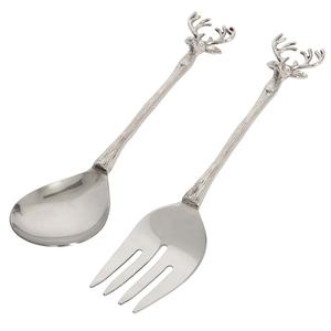 Service à salade de Restaurant plaqué argent mat, cuillère fourchette service à salade avec brindille en argent de styliste tête de cerf poignée d'extrémité serveur à salade - Product Image 1