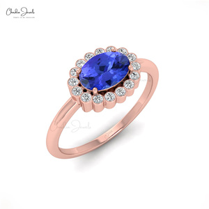 Asian Manufacturer IGI Certified 1mm Diamond Halo <b>Ring</b> With 7X5MM Oval Cut Tanzanite Gemstone In 14K Solid Gold Wedding Jewelry - Product Image 1