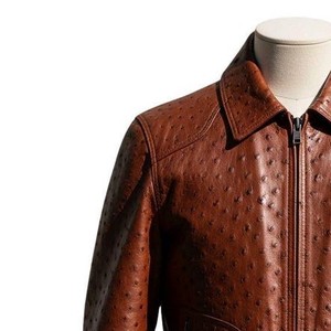Veste en cuir d'autruche marron gaufré pour homme, style motard, fermeture éclair, col rabattable, vêtement d'hiver, personnalisation disponible - Product Image 5