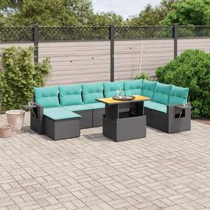 Juego de sofás de patio de ratán sintético negro de 9 piezas con cojines, conjuntos de jardín - Product Image 1