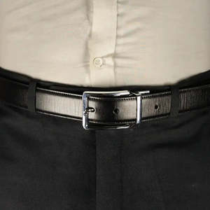 Formal Men's Genuine Leather <b>Belt</b> Solid Black Pin <b>Buckle</b> <b>Silver</b> Rectangular Durable Style - Product Image 3