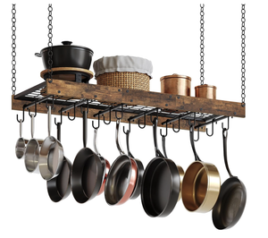 Rustic Wood Hanging Pot Rack with Metal Grid and 12 <b>Hooks</b> for Kitchen Storage, Ceiling Mounted Cookware Organizer - Product Image 3