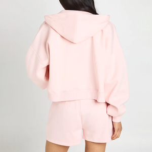 Customized 2026 High Quality Sporty Crewneck Women's Cropped Fleece Oversized 2 Piece No <b>String</b> Shorts And Hoodie Set For Women - Product Image 2