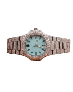 Montre de luxe Hip Hop Iced Out en or blanc avec moissanite VVS, cadran bleu, diamants taille ronde, montre-bracelet personnalisée en argent, design entièrement pavé - Product Image 1