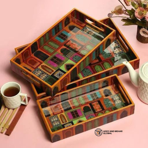 Set of 3 Decorative MDF Serving Trays High-<b>Gloss</b> <b>Paper</b> Enamel Nesting Trays with Floral Bird Print Luxury Wooden Ottoman Tray - Product Image 1