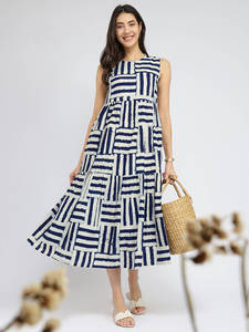Geometric Print <b>Sleeveless</b> Midi <b>Dress</b> O-Neck A-Line Loose Fit Cotton Bamboo Fiber <b>Summer</b> Casual Wear Beautiful <b>Dress</b> Women - Product Image 1