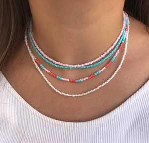 สร้อยคอเม็ดลูกปัดสีชมพูนีออนสีเขียวแบบซ้อนชั้นสำหรับผู้หญิง สร้อยคอแบบโชคเกอร์สำหรับฤดูร้อน ชายหาด เครื่องประดับลำลองสำหรับวันหยุด สร้อยคอแบบโซ่ - Product Image 5