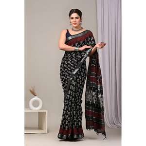 Printed <b>Saree</b> Stylish Printed Linen <b>Saree</b> with Premium Linen Blouse <b>for</b> Modern <b>Women</b> from Indian Supplier <b>for</b> Bulk Export - Product Image 1