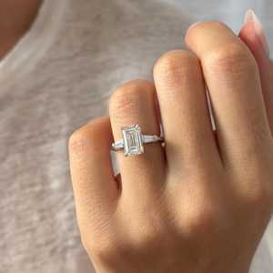 3 Carat <b>Emerald</b> Cut Lab Diamond and Tapered Baguettes Three Stone <b>Ring</b> in White Gold, IGI Certified - Product Image 2