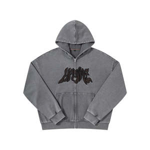 Chaqueta de streetwear para hombre, personalizada, de felpa francesa con lavado ácido, efecto desgastado, ajuste cómodo, con pedrería, estilo vintage, con cremallera y capucha. - Product Image 6