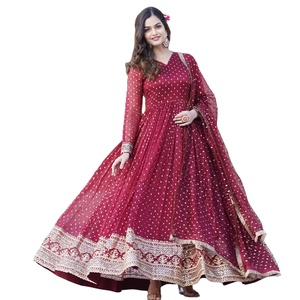 Latest Designer Jacquard Silk Embroidery Anarkali <b>Gown</b> by Fab Zone High Quality Heavy Ethnic Print for Festive Parties Adults - Product Image 1