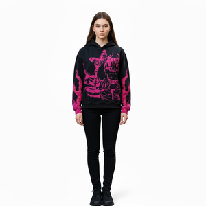 Sudadera con capucha de streetwear personalizada Up Felt para hombre, con gráfico de esqueleto y mariposa en rosa, de forro polar negro grueso y mangas con efecto llama. - Product Image 3