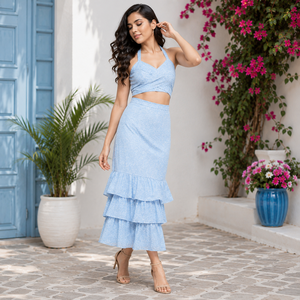 Ensemble deux pièces pour femme, haut court à bretelles rayé bleu clair, jupe midi à volants superposés, style bohème, en coton, printemps-été - Product Image 4