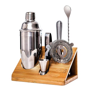 <b>Cocktail</b> <b>Shaker</b> <b>Set</b> with Elegant Bamboo Stand Custom Stainless Steel Mixing <b>Cocktail</b> Gift <b>Shaker</b> Bottle Home Bar Bartender Kit - Product Image 1