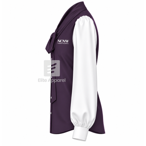 Blusa de satén NCNW Council con cuello de lazo y logo bordado, manga abullonada, blusa moderna morada y blanca para mujer - Product Image 4