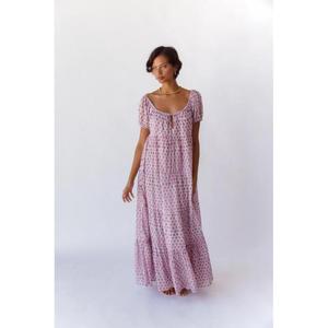 Robe maxi Sita en violet, confectionnée avec amour et soin, utilisant un magnifique tissu imprimé à la main. - Product Image 1