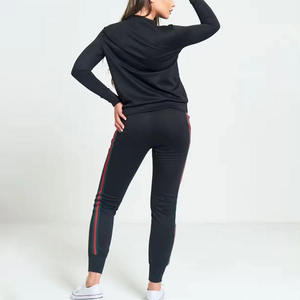 Women Tracksuit Set <b>Black</b> Long Sleeve Crew Neck Striped Design Side Pockets Casual Autumn Wear Spandex Polyester Material - Product Image 2