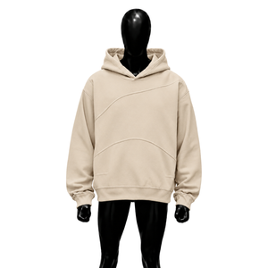 เสื้อฮู้ดดี้สีเบจทรงโอเวอร์ไซส์สำหรับผู้ชาย สไตล์สตรีทแวร์ ดีไซน์ตะเข็บโค้ง ไหล่ตก ทรงลำลอง แฟชั่นเสื้อฮู้ดมีฮู้ด - Product Image 1