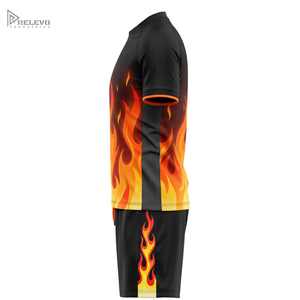 Ensemble d'uniformes de football personnalisés par sublimation, motif flammes éclatantes, maillot et short de football pour hommes, noir et orange, kit d'équipe - Product Image 3