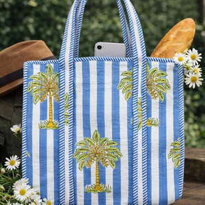 กระเป๋าช้อปปิ้งชายหาดผ้าฝ้ายลายดอกไม้รักษ์โลก น้ำหนักเบา ทำมือ พิมพ์ลายบล็อก  แบบเย็บติดกัน พร้อมช่องใส่ของด้านใน - Product Image 1