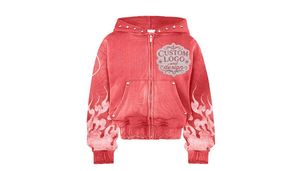 Street Fashion ooded <b>Jacket</b> Red Flame Print Oversized Crop Fit Oversized Boxy Fit Drop Shoulder Distressed Embroidery Vintage - Product Image 3