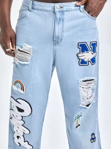 Jeans de Mezclilla Casuales de Corte Recto para Hombre, 100% Algodón, Lavado Medio, con Diseño Gráfico y Rasgado, Personalizables con Logotipo OEM - Product Image 6
