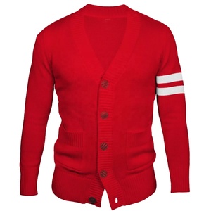 Cárdigan Rojo de Punto con Cuello en V y Rayas Blancas en las Mangas, Suéter Casual para Mujer, Manga Larga, Cierre de Botones, Ropa de Otoño - Product Image 1