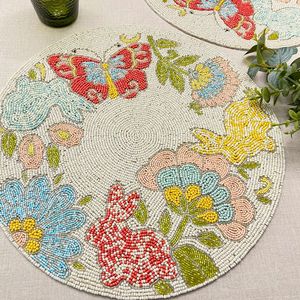 Handmade Beads <b>Table</b> Placemat Floral Bunny Design <b>Round</b> Bead Embroidery <b>Mat</b> Luxury Boho <b>Table</b> Decor Easter Spring HomeDecoration - Product Image 2