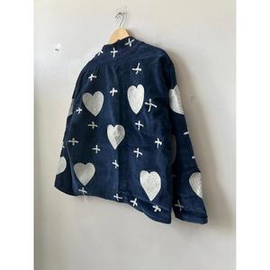 Navy Cotton Knitted Heart Embroidered Handmade Suzani Boho Ethnic Autumn Reversible <b>Jacket</b> Customizable Gift for <b>Women</b> - Product Image 2