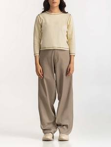 Nueva Llegada, Camisetas para Mujer Más Vendidas, Camiseta Personalizada para Mujer, Corte Holgado, Manga Larga, Cuello Redondo con Costuras Marrones, Suministro OEM - Product Image 3