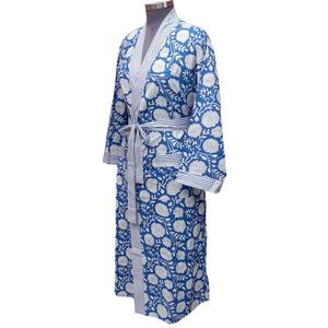 Bata de algodón con estampado floral de longitud completa para mujer, cuello en V, manga larga, ropa de dormir informal, para primavera, con cierre de cinturón y estampado azul y blanco - Product Image 2