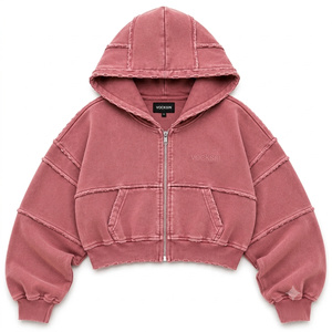 VOCKSIN Women's Oversized Cropped <b>Zipper</b> Hoodie Jogger Set Breathable Heavyweight French Terry Cotton Vintage Acid Wash Winter - Product Image 2