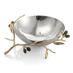 Frutero de metal elegante con diseño de rama de olivo dorada martillada y cuenco plateado, para decoración de hogares de lujo, hoteles y regalos de mesa. - Product Image 1
