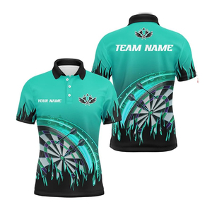 เสื้อโปโลพิมพ์ลายทีมดาร์ทแบบกำหนดเองขายส่ง เสื้อโปโลพิมพ์ลายดาร์ทบอร์ดสำหรับผู้ชาย เสื้อเจอร์ซีย์ดาร์ทระบายอากาศได้ดีแบบขายส่ง พิมพ์ลายแบบซับลิเมชั่น - Product Image 1