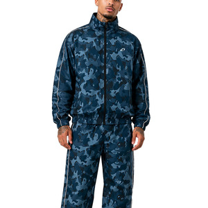 Wholesale Blue <b>Camo</b> Tracksuit Men Reflective Piping Track <b>Jacket</b> Jogger Pants Custom Streetwear Sporty Style Windbreaker Hoodies - Product Image 3