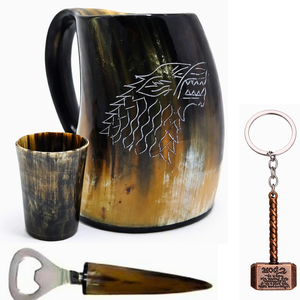 Mug à boire court en corne naturelle avec ouvre-bouteille, sac en jute fantaisie, fait main, thème Viking, objet d'art et de collection, idée cadeau unique - Product Image 2
