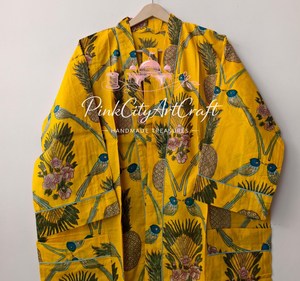 Robe kimono indienne artisanale en coton, imprimé floqué Jaipuri, jaune, longueur ras du sol, coupe ample, peignoir, vêtement de nuit d'été, kaftan - Product Image 3