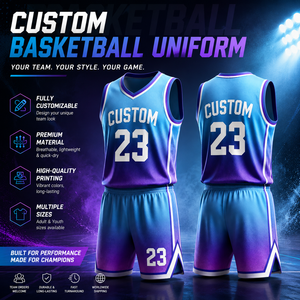Custom Basketball Jersey Set Gradient Blue <b>Purple</b> V-Neck Sleeveless Sublimated Print Breathable <b>Mesh</b> Adult Unisex - Product Image 1