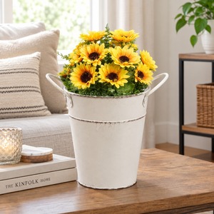 Pot de fleurs en métal blanc avec poignée, style rustique, arrangement de tournesols, vase de table pour la décoration de la maison - Product Image 2