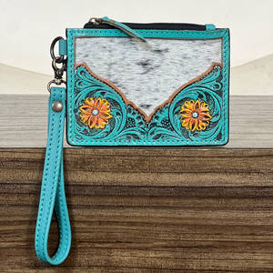 2026 Hot Selling Tooled Genuine Cowhide Fur Leather Women Floral Clutch Zipper Pouch Coin & ATM <b>Credit</b> <b>Card</b> <b>Holder</b> For Shopping - Product Image 3