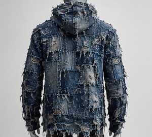 Sudadera con capucha de mezclilla desgastada con parches para hombre, estilo urbano deshilachado - Product Image 6