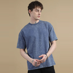เสื้อยืดโอเวอร์ไซส์สีน้ำเงินฟอกกรด ผู้ชาย ผ้าฝ้าย 100% เนื้อหนา สตรีทแวร์ ทรงหลวม ไหล่ตก คอกลม เสื้อยืดลำลอง - Product Image 5