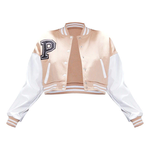 Veste universitaire rose et blanche pour femme, coupe courte, manches longues, col rabattu, couleur unie, style baseball, pour l'automne - Product Image 1
